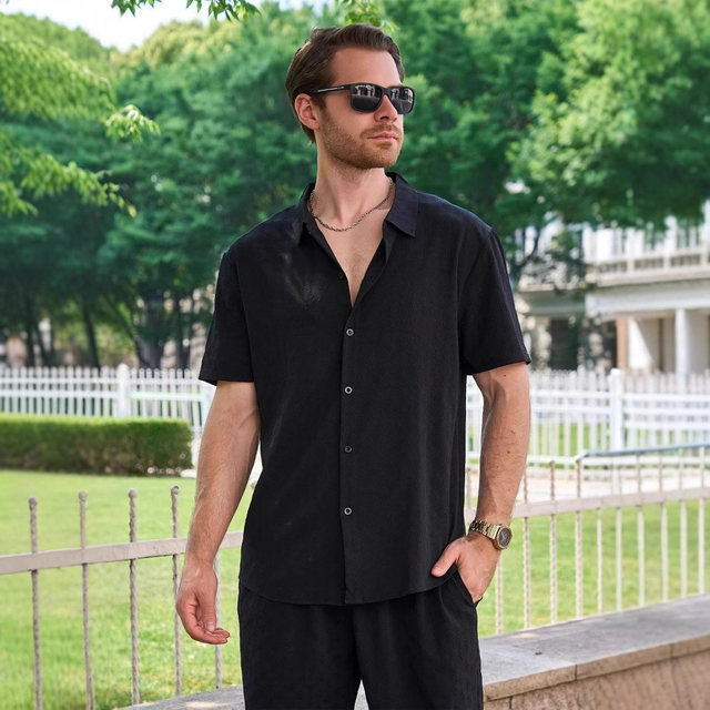 Camisa de cardigan de solapa de manga corta para hombres de estilo europeo y estadounidense