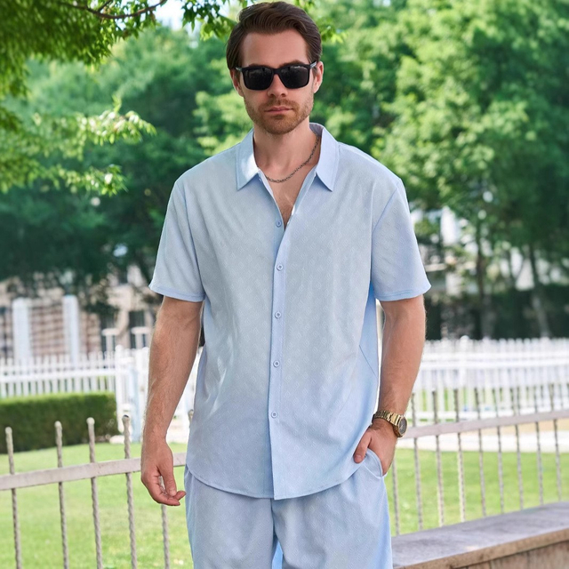 Camisa de cardigan de solapa de manga corta para hombres de estilo europeo y estadounidense