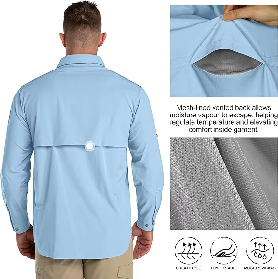 Camisa funcional de manga larga upf 50 al aire libre transpirable ocio secado rápido con bolsillos para caminar con la pesca
