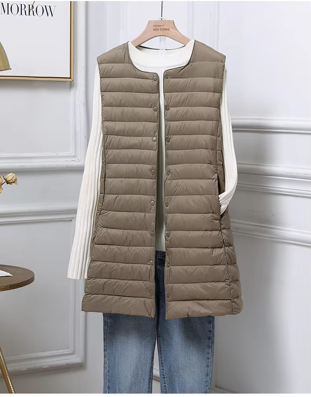 Women Winter Windrover Puffer Down Vest Long al por mayor de la chaqueta sin mangas, chaleco de mujeres con cuello de pieles para damas