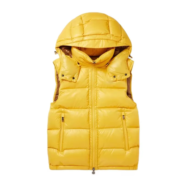 Amarillo acolchado brillante sin mangas sin mangas, unisex unisex, chaleco de burbujas con capucha con capucha